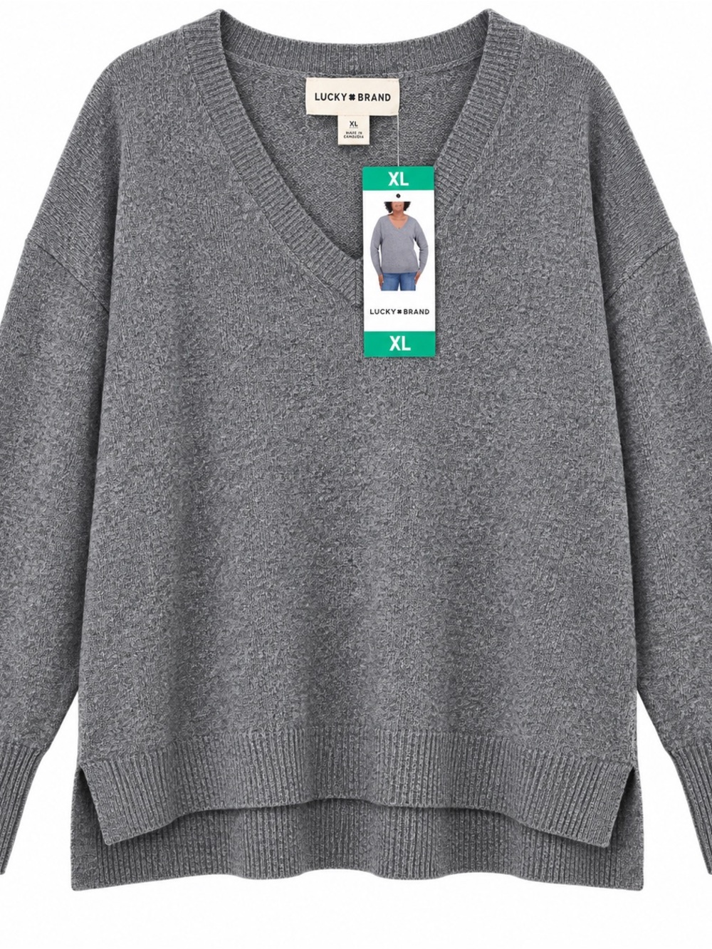 Lucky Brand Women’s XL Gray V-Neck Pullover Sweater Long Sleeve NWT